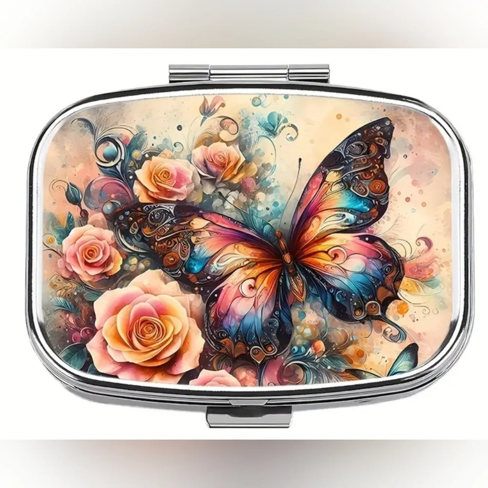 NEW Gift Boho Colorful Butterfly pink roses portable pill‎ case- (#09)